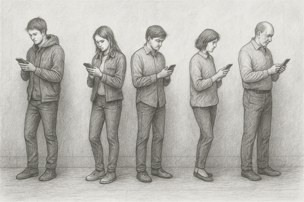 Illustration of five figures absorbed in their phones
